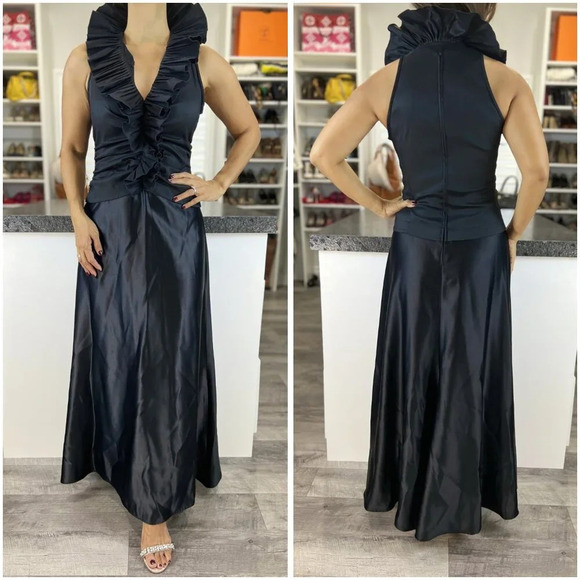 Tadashi Black Satin Ruffle High Collar Maxi Dress $495 - Picture 1 of 12